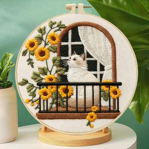 3D Window Cat & Sunflowers Textured Embroidery Craft Kit